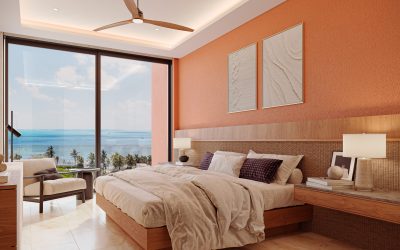 #20 Mistral Costa Mujeres - Luxury Waterfront Condo bedroom with ocean view and ceiling fan