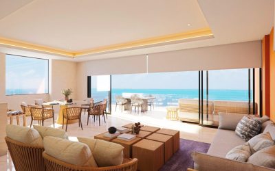 #20 Mistral Costa Mujeres - Luxury Waterfront Condo bright and airy living and dining area with balcony overlooking the ocean